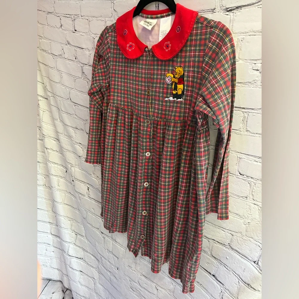 Vintage 90s Winnie the Pooh Plaid Winter Dress Girls 10/12 Rare Disney Red Green
